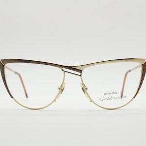 Gianmarco Venturi 80s vintage pointed cat eye glasses made in Italy. Extraordinary gold and enamel patterned optical frames.Prescription NOS
