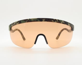 Ralph Lauren vintage visor shield sunglasses model 4156. Half frame cammo brow line with light tone amber monolens. Sick fashion mask