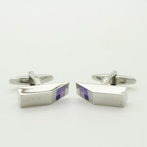 90s vintage hammer cuff links made in England. Solid steel construction with pink and purple enamel squares. NOS