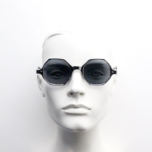 60s vintage silver space age octagon sunglasses. Futuristic bright chrome mod frame with metal arms. 70s. Unused NOS