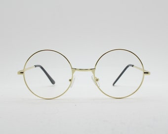 90s round gold glasses frames. Clear lens 20s design metal frame eyeglasses. John Lennon spectacles. Unused NOS