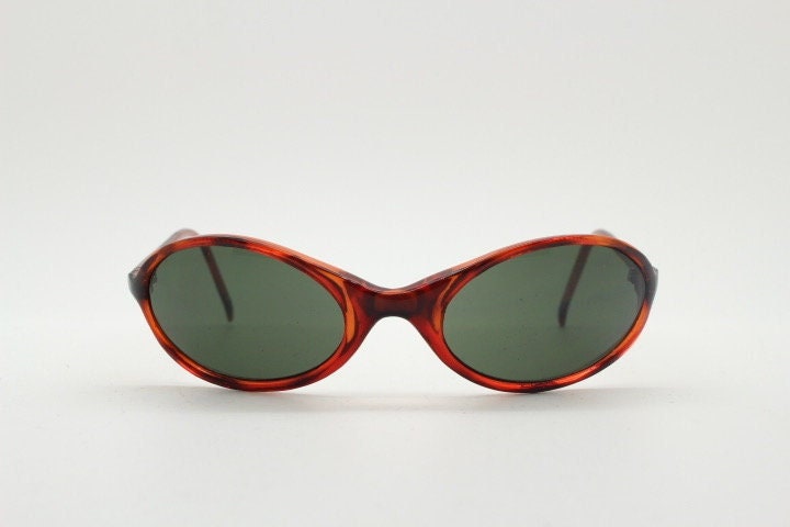 90s vintage oval shield sunglasses. Tortoise mini bug eye wrap around frame with green lenses. BNWT. Unused NOS. Rave alien visor