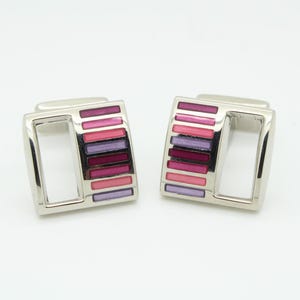 Vintage square cuff links made in England by Berend De Witt. Solid metal with enamel stripes in pink and purple tones and cut out side. NOS