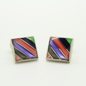 90s vintage square cuff links made in England. Solid metal construction with multi coloured enamel diagonal stripes. NOS