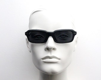 90s vintage black matt sunglasses. NOS 60s design rectangular slim frame with black lenses. BNWT