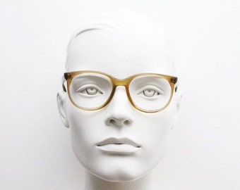 Vintage 40s slim subtle wayfarer design glasses. Transparent light brown acetate optical frames. Prescription eyeglasses. RX Spectacles