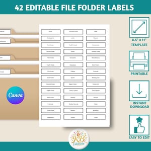 May include: A set of 42 editable file folder labels on an 8.5 inch by 11 inch template. The image displays brown file folders with white labels, a central sheet containing forty-two rectangular text boxes, and four icons representing template features.