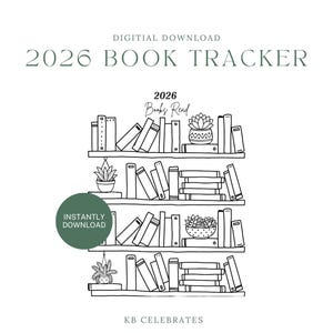 Puede incluir: Gráfico de descarga digital con el texto "2026 Book Tracker" y una ilustración de estantería. El diseño incluye las palabras "Descarga instantánea" en un círculo verde y "KB Celebrates" en la parte inferior.