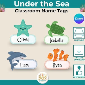 Op de afbeelding: Under the Sea klaslokaal naamkaartjes met vier rechthoekige labels met de namen Olivia, Isabella, Liam en Ryan. Elk label toont een zeedier: een groenblauwe zeester, een groene zeeschildpad, een grijze haai en een oranje clownvis. Bevat Canva, printbaar, directe download en eenvoudig te bewerken iconen.