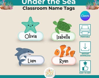 Under the Sea Tags, Editable Cubby Labels, Ocean Theme Classroom, Customizable Names, Canva Template