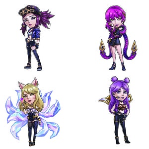May include: Four cartoon illustrations of female characters from the video game League of Legends. The characters are drawn in a chibi style, with large heads and small bodies. The characters are all wearing different outfits and have different hairstyles. The characters are all standing on a white background.