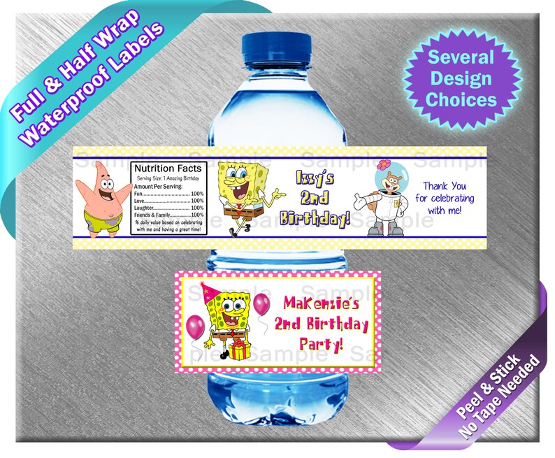 Spongebob Water Bottle Labels PRINTED OR FILE Birthday Etsy