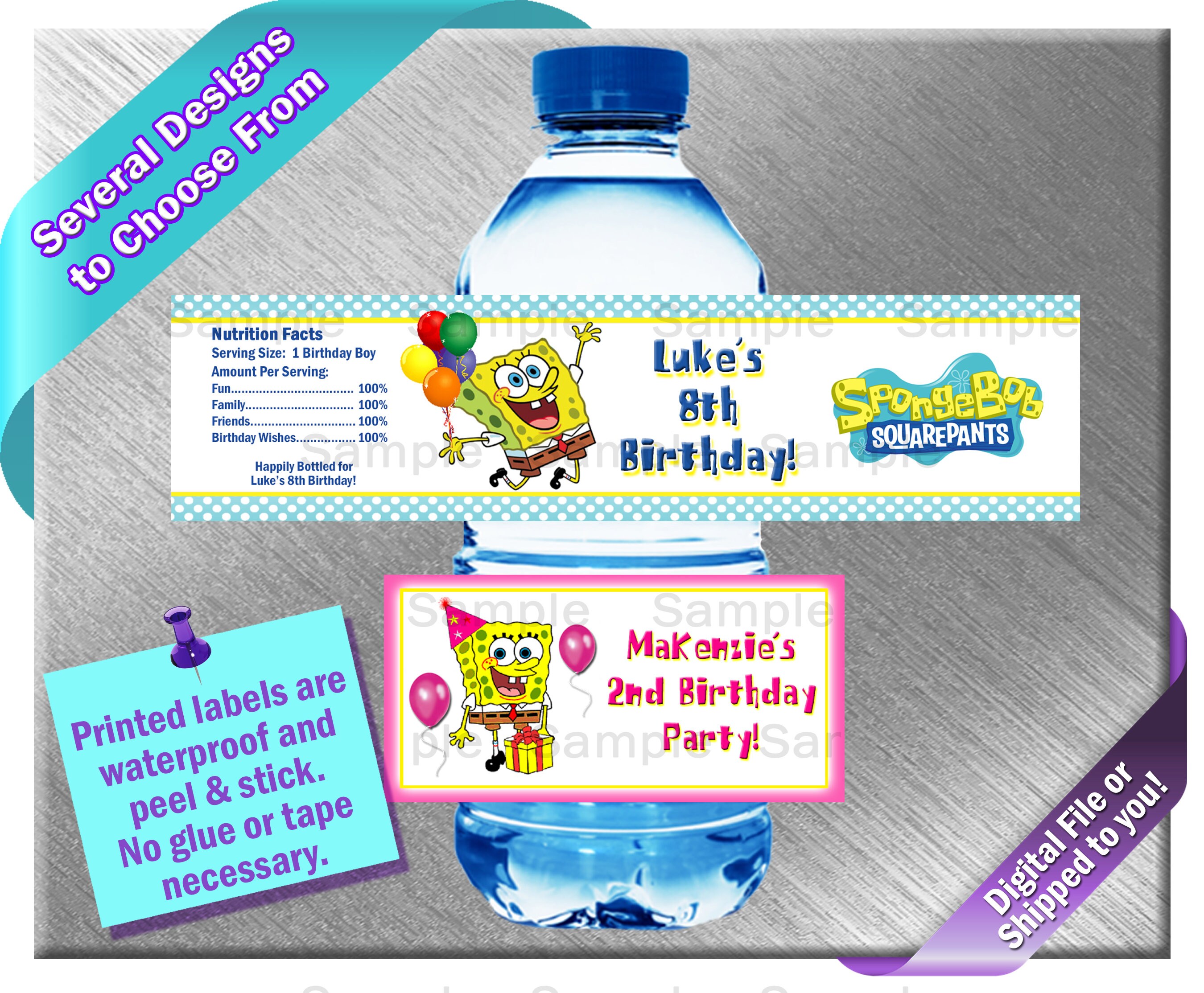 Spongebob Water Bottle Labels PRINTED OR FILE Birthday Etsy