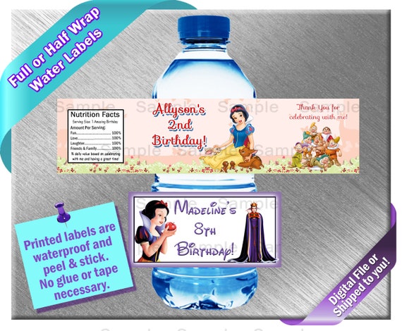 20 PRINCESS BIRTHDAY PARTY FAVORS PERSONALIZED WATER BOTTLE LABELS WRAP HALF WAY AROUND