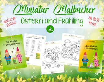 Miniatur Malbuch Wichtel Ostern und Frühling, Zubehör für Wichteltür, Minibuch zum Selberbasteln