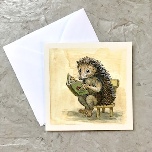 Reading Hedgie (mini card) 3 x 3 inches