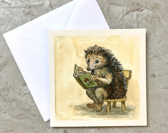 Reading Hedgie (mini card) 3 x 3 inches