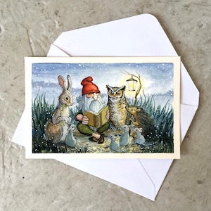 May include: A watercolor painting of a gnome reading a book to a group of animals. The gnome is wearing a red hat and a white beard. The animals include a rabbit, an owl, a hedgehog, and several mice. The scene is set in a snowy forest.