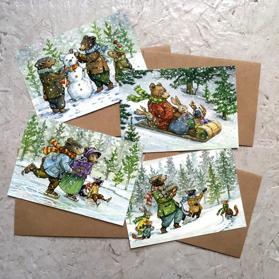 Winter Friends 4 Card Set Small Blank Cards 