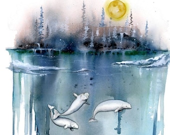 Beluga Whale Watercolor Original Painting Digital Download
