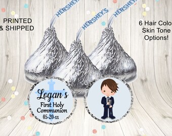 Boys First Communion 3/4" Round Candy Stickers - Personalized Party Favor Labels - 6 HairColor / SkinTones - 108 Printed Stickers