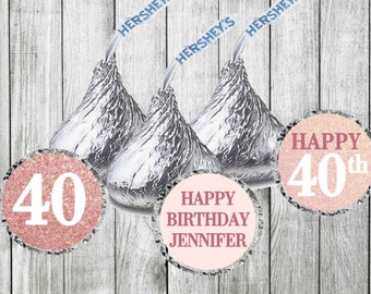 Pink and Rose Gold 3/4" Round Candy Stickers - ANY AGE - Birthday Party Favor Stickers - Personalized Labels - 108 CT Printed Stickers
