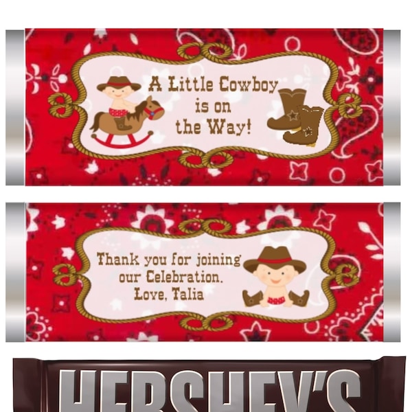 Cowboy Baby Shower, Cowboy Birthday Party Favor, Western theme Candy Bar Wrappers - 12 CT Printed Wrappers