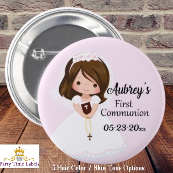 Girls First Communion Clip Style or Pinback Button - Magnet - Keychain - First Communion Party Favors - 12 Hair Color / Skin Tone Choices