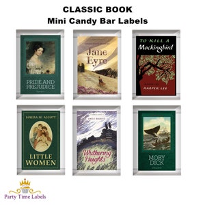 Classic Books Mini Candy Bar Labels - Bridal Shower Favors - Birthday Party Favors - Library Event - School Event - 54 CT Printed Labels