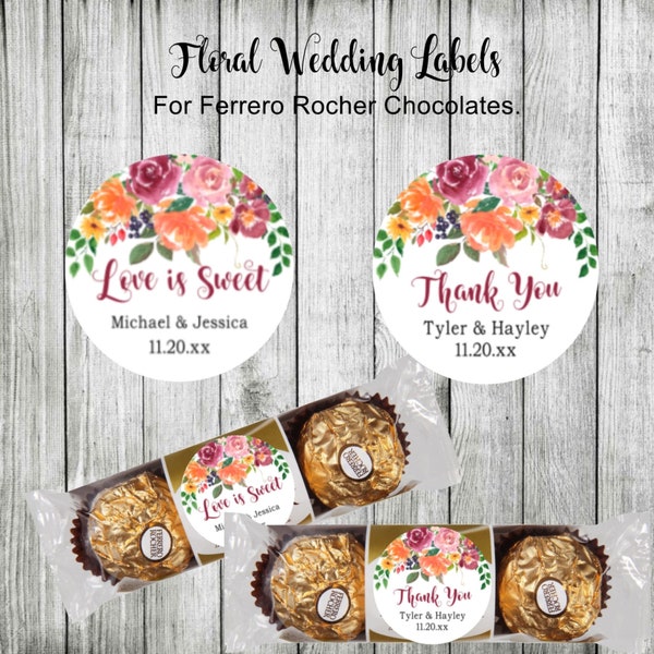 Floral Stickers for Ferrero Rocher Chocolates - Wedding Favor - Bridal Shower Labels - Any Occasion - 20 Personalized Printed Labels