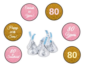 40 50 60 70 80 Birthday Party 3/4" Round Candy Stickers - Pink and Gold Party Favors - 108 CT Printed Stickers