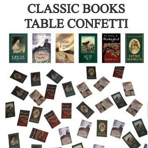 May include: A collection of miniature book covers featuring classic literature titles like "Pride and Prejudice", "Jane Eyre", "Little Women", and "To Kill a Mockingbird". The covers are scattered on a white background, creating a confetti effect.
