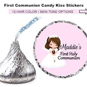 Girls First Communion Candy Kiss Stickers - Personalized Party Favor Labels - 18 Hair Color / Skin Tone Options - 108 CT Printed Stickers