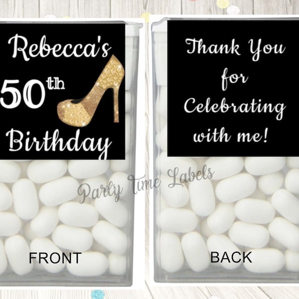 High Heel Tic Tac Labels - 50th Birthday Party Favors - ANY AGE - Gold Black Tic Tac Stickers - 8 Stiletto Color Choices - 14 Printed Labels
