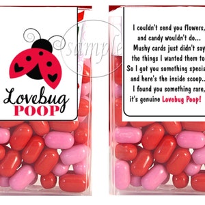 Valentine Tic Tac Labels - Lovebug Poop Valentine Party Favors - Ladybug Poop Valentine Stickers - 7 Colors - 14 CT Printed Labels