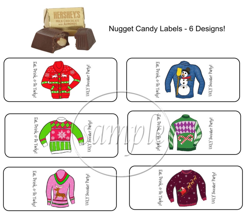 Christmas Stickers Stocking Stuffers Christmas Party Favors Ugly Christmas Sweater Hershey Nugget Labels 30 CT Printed Labels