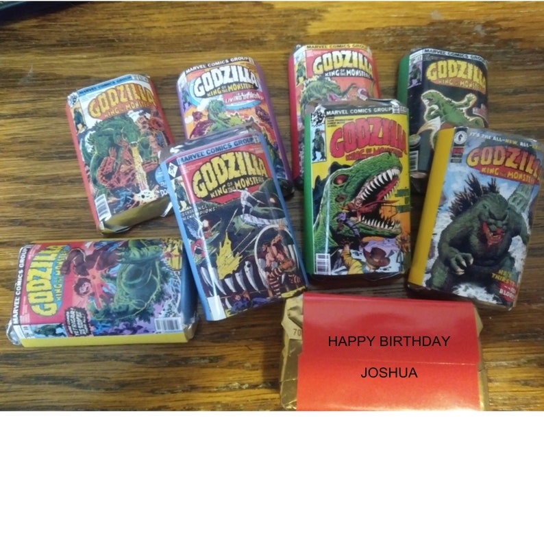 Godzilla Birthday Party Favor 54 Printed Labels Hershey Mini Chocolate Bar Labels Stickers Godzilla Mini Candy Bar Wrappers