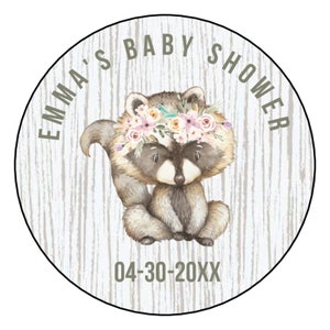 Racoon Baby Shower Stickers - Woodland Animal Baby Shower Party Favor Labels - Treat Bag Labels - Personalized Printed Labels