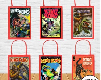 Peut inclure: Six étiquettes imprimables pour sacs de fête représentant des couvertures de bandes dessinées King Kong vintage. Les étiquettes sont rouges avec du texte blanc et présentent des images de King Kong combattant des dinosaures et d'autres monstres.