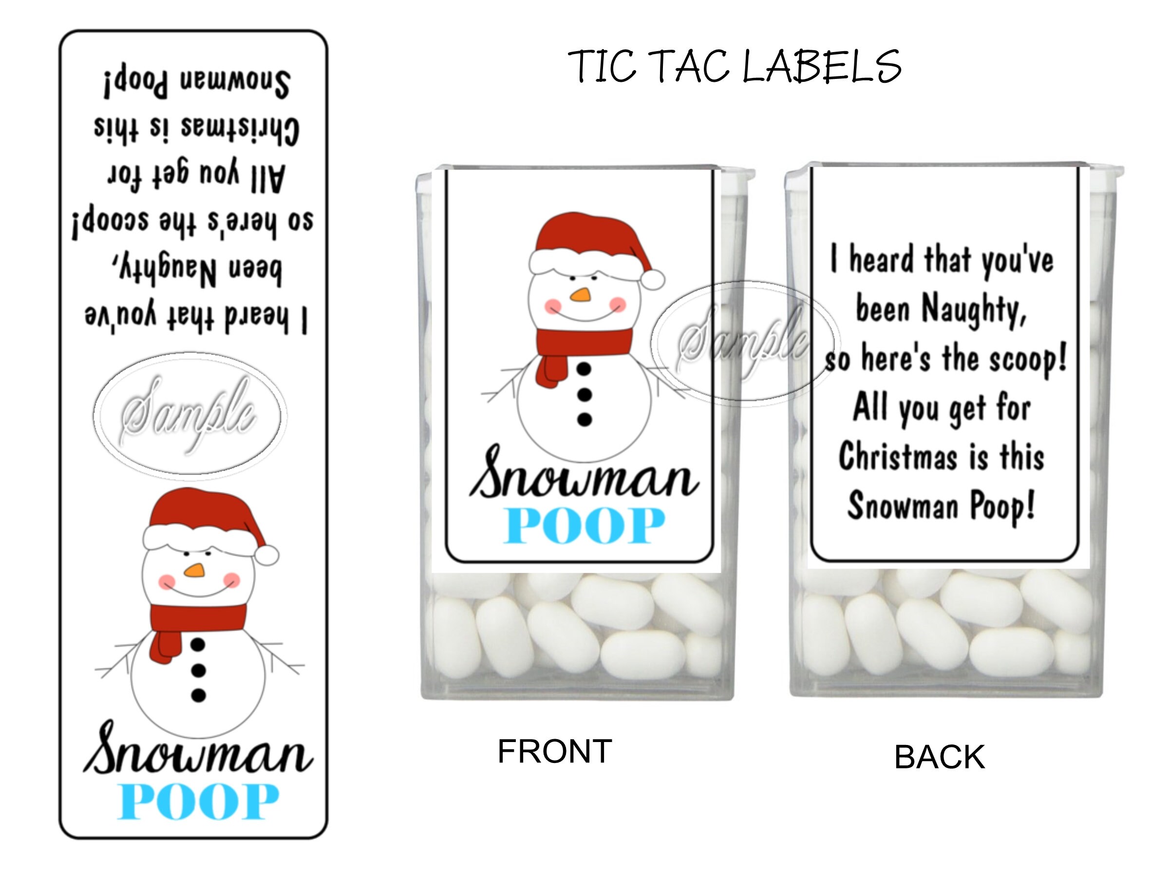 Snowman Poop Tic Tac Labels, Stocking Stuffers, Christmas Party Favors, Secret Santa gifts - 14 CT Printed Labels
