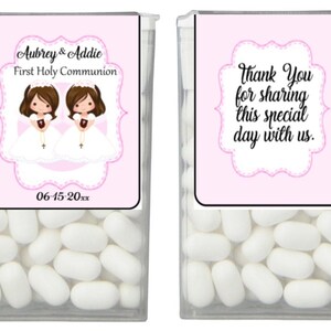 Girls First Communion Tic Tac Labels - Twins - Sisters - 12 Hair Color / Skin Tones - Personalized Party Favor Stickers - 14 Printed Labels