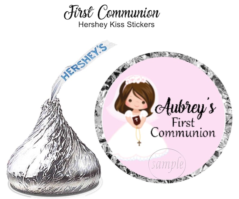5 Hair Color Skin Tone Options Girls First Communion Hershey Kiss Stickers 108 CT Printed Stickers Party Favors Personalized Labels