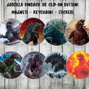 May include: Eight different Godzilla character designs on round buttons. The buttons are for sale as pinbacks, clip-on buttons, magnets, keychains, and stickers.