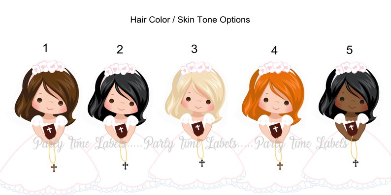 5 Hair Color Skin Tone Options Girls First Communion Hershey Kiss Stickers 108 CT Printed Stickers Party Favors Personalized Labels