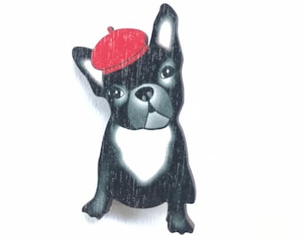 French Bulldog Pin, Black dog Wooden Brooch