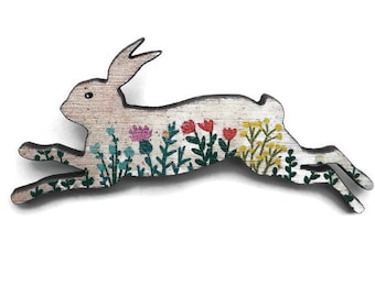 Rabbit pin, rabbit brooch, rabbit floral pin, rabbit jewelry, rabbit gift
