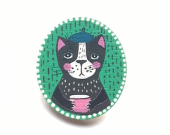 Cat In The Hat Cat Portrait Wooden Brooch, Cat Drinking Coffee Wooden Brooch, Colorful Cat Pin