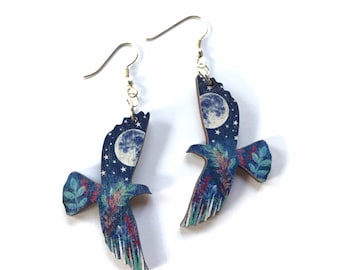 Soaring Hawk Earrings, Hawk Earrings, Bird Jewelry,Bird Lover Gift, Wooden Hawk Earrings, Illustrated Hawk Earrings, Flying Bird