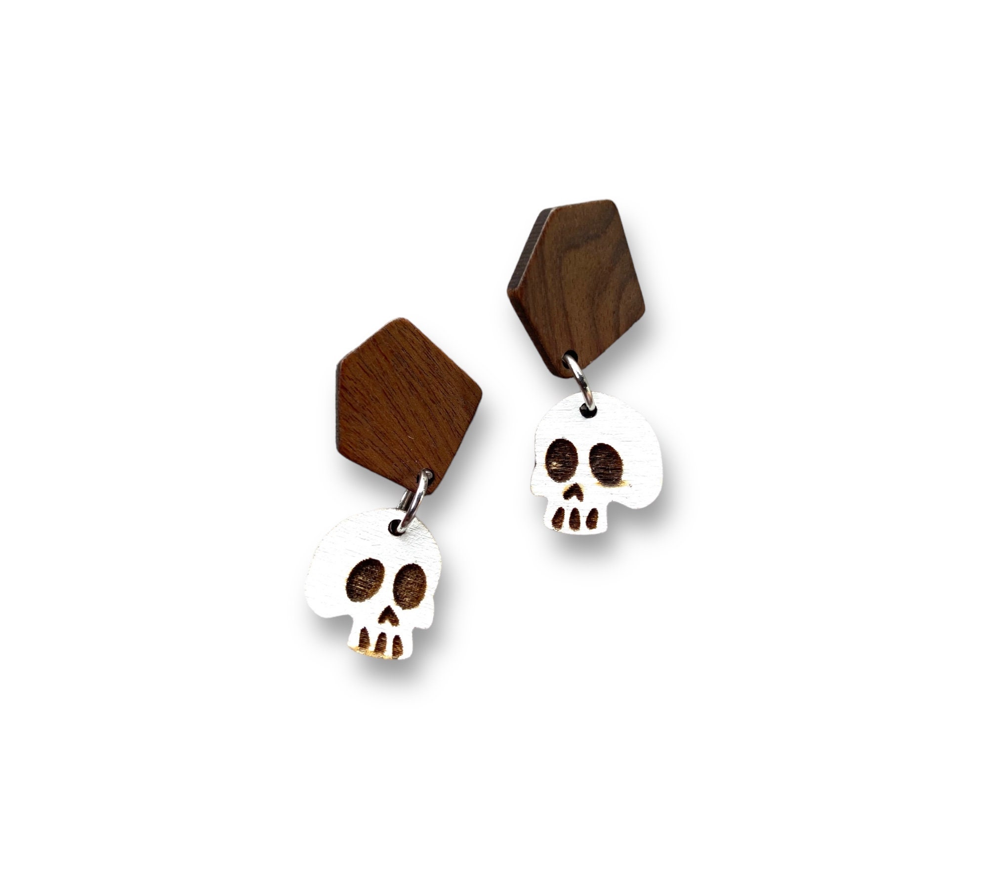 Skull Laser Cut Earrings with Gold Fern - Unique Handmade Gothic Skull Earrings