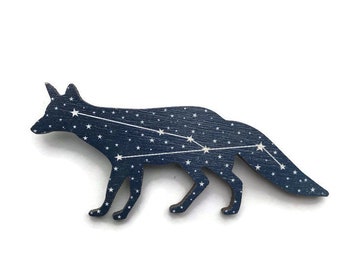 Fox Pin, Vulpecula Pin, Fox Constellation Pin, Fox Constellation Brooch, Fox Jewelry, Teenager gift,  Wood Pin, Starry Fox